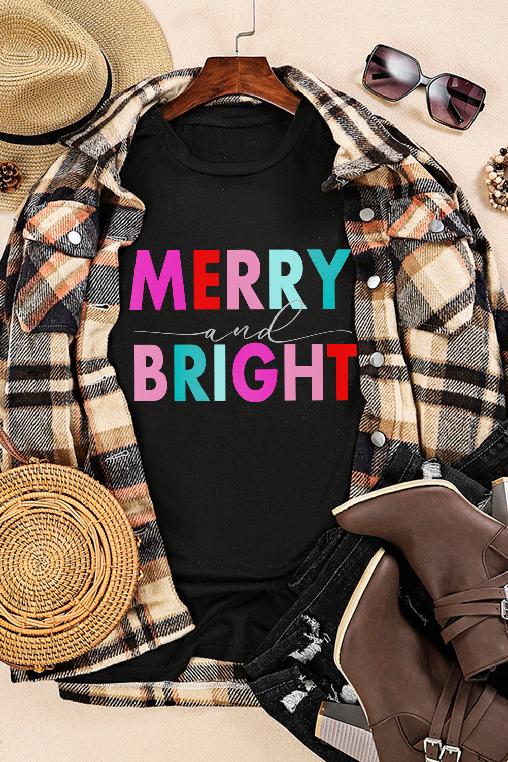 T-shirt noir à col rond et imprimé graphique MERRY and BRIGHT