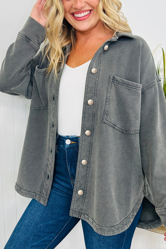Medium Grey Mineral Wash Chest Pockets Drop Shoulder Shacket with Side Slit