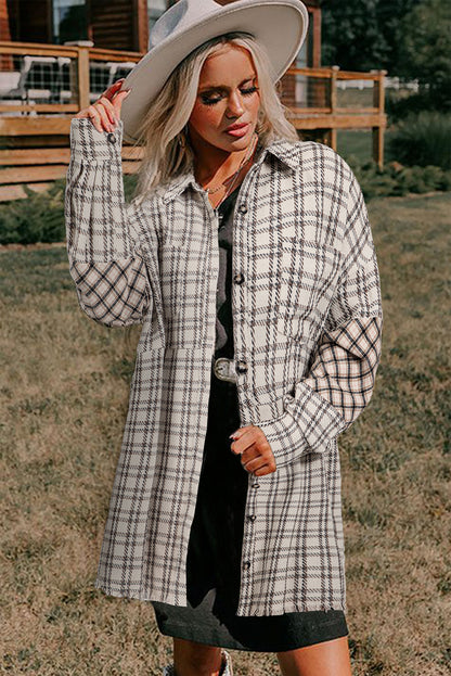 Robe chemise tunique boutonnée à carreaux à rayures blanches grande taille à ourlet brut