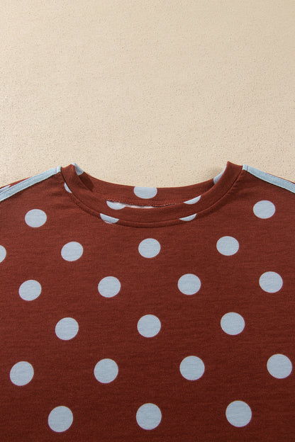Brown Polka Dot Print Side Stripe Detail Long Sleeve Top Casual Pant Set