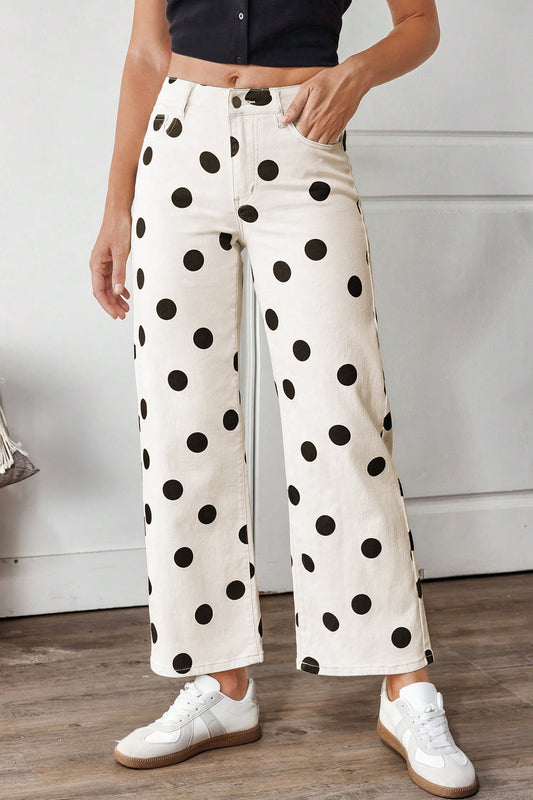 White Polka Dot Print Wide Leg Ankle-Length Jeans