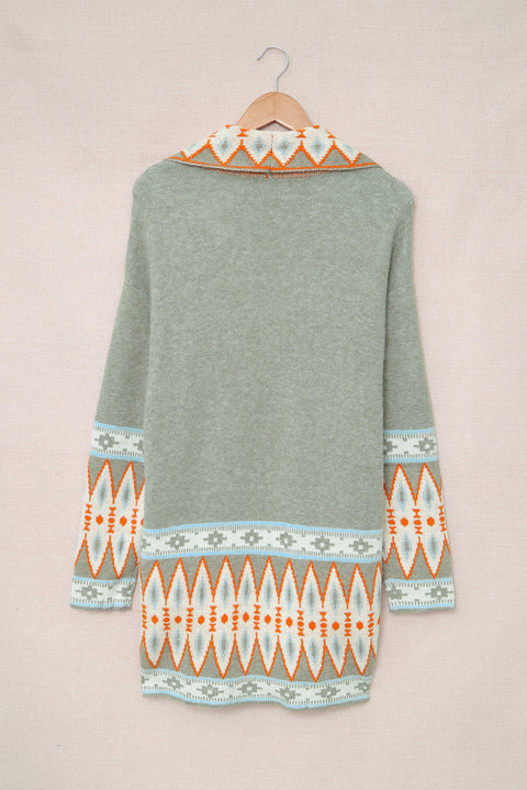 Green Aztec Print Open Front Knitted Cardigan