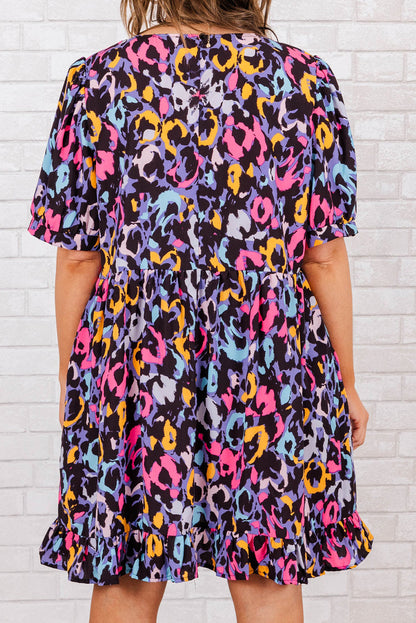 Mini-robe grande taille à volants et col en V, imprimé léopard violet