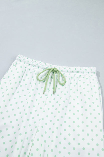 Green Polka Dot Patchwork Colorblock Long Sleeve Casual Two Piece Pants Set