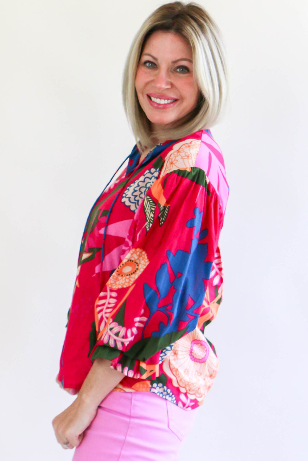 Chemisier à volants et manches bouffantes à imprimé fleurs de roses