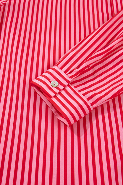 Red Stripe Button-Up Shirt Long Sleeve Patch Pocket Casual Shirt