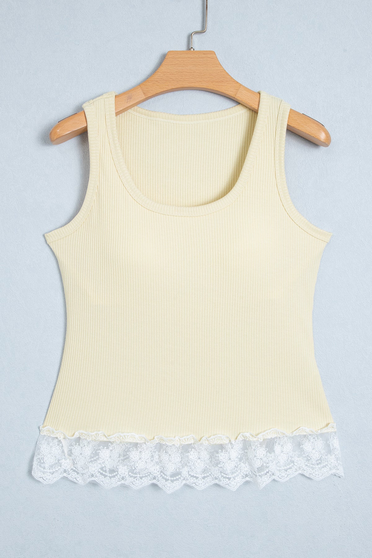 Beige Ribbed Knit Sweet Lace Hem Vest