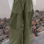 Vineyard Green Mineral Wash Tiered Wide Leg Patchwork Drawstring Pants
