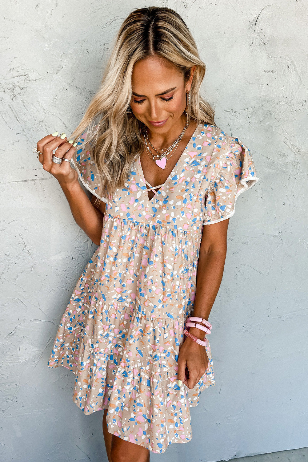 Robe kaki à imprimé croisé et col en V, manches flottantes