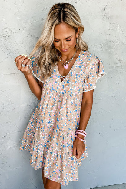 Robe kaki à imprimé croisé et col en V, manches flottantes