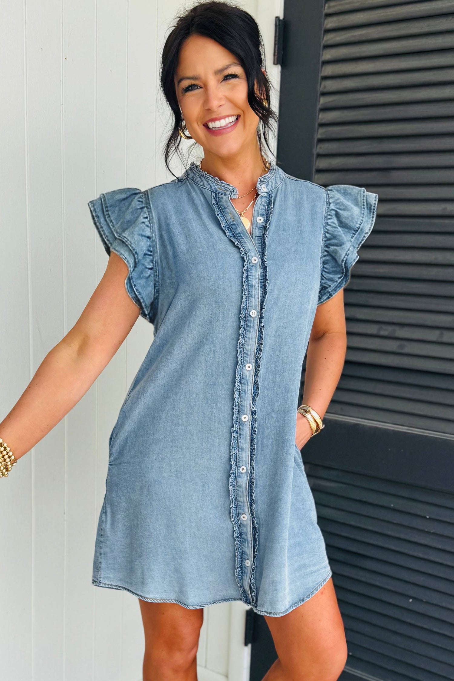 Myosotis Frilled Detail Button Down Ruffle Short Sleeve Denim Mini Dress