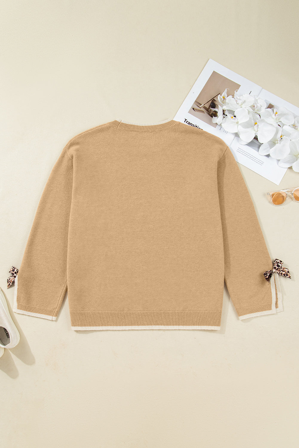 Tan Plus Size Leopard Bow Decor Split Cuffs Loose Sweater