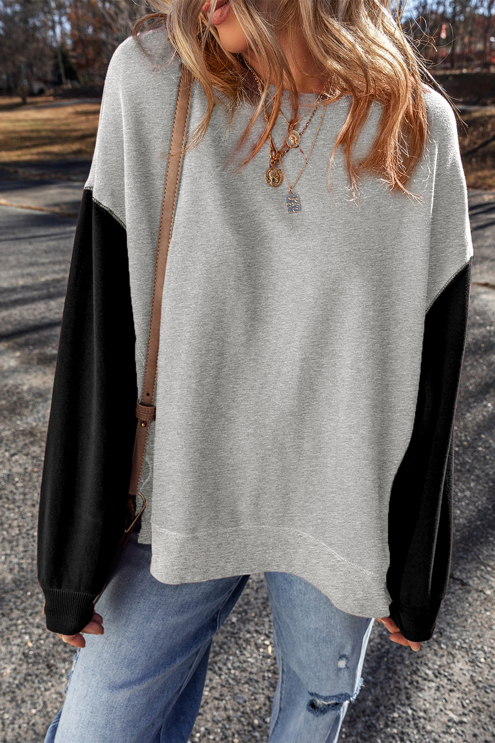 Gold Flame Two Tone Patchwork Drop Shoulder Pullover Sweatshirt