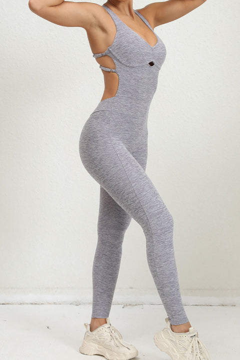 Gray Solid Criss Cross Backless Active Jumpsuit