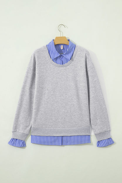 Light Grey Striped Collar 2-in-1 Patchwork Casual Loose Sweatshirt