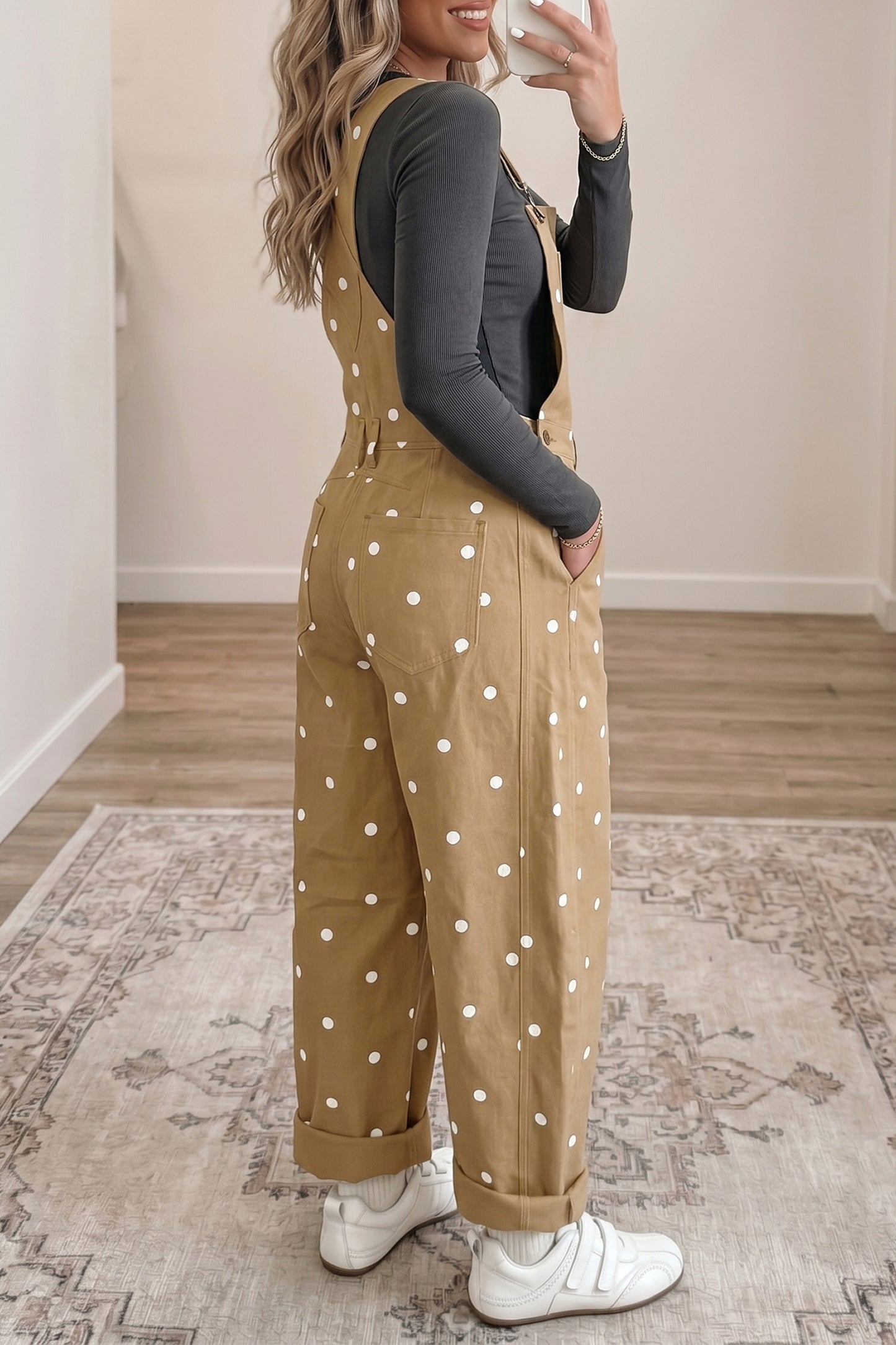 Jet Stream Polka Dot Print Bib Pocket Denim Barrel Overalls Jumpsuit