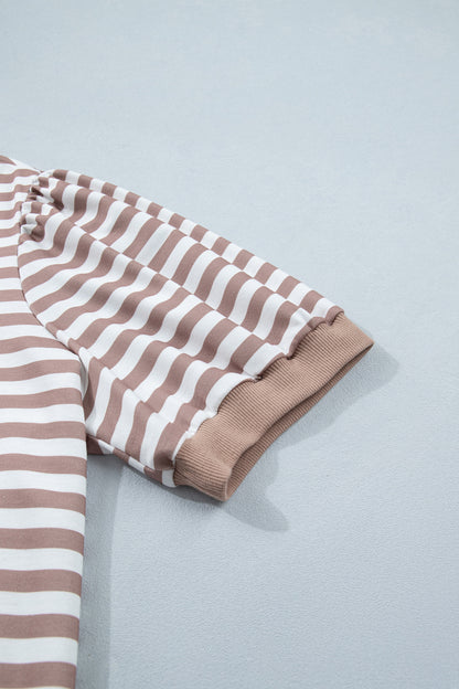 Khaki Stripe Ribbed Trim Round Neck Short Puff Sleeve Plus T Shirt