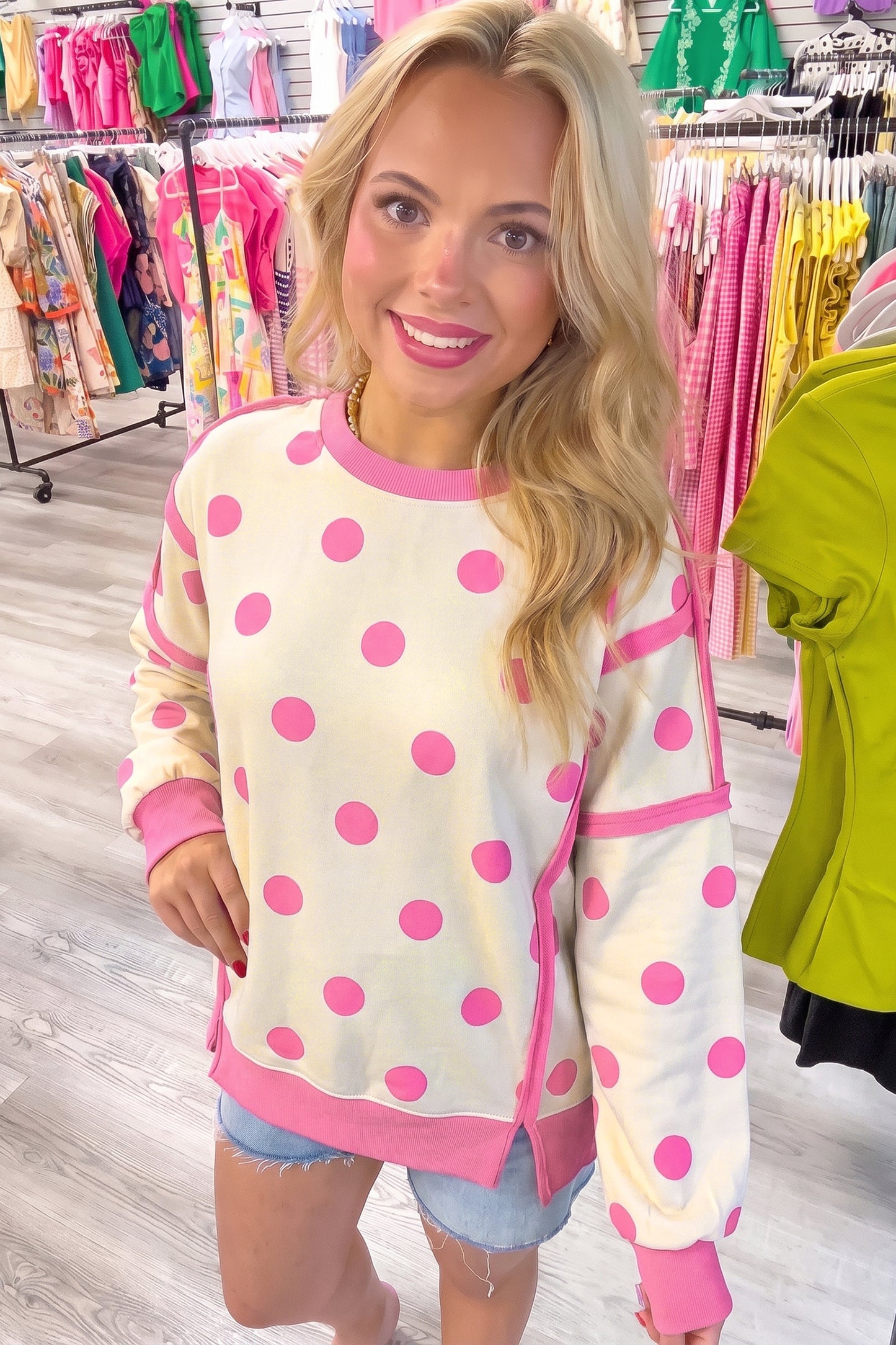 Yellow Polka Dot Contrast Patchwork Round Neck Baggy Sweatshirt