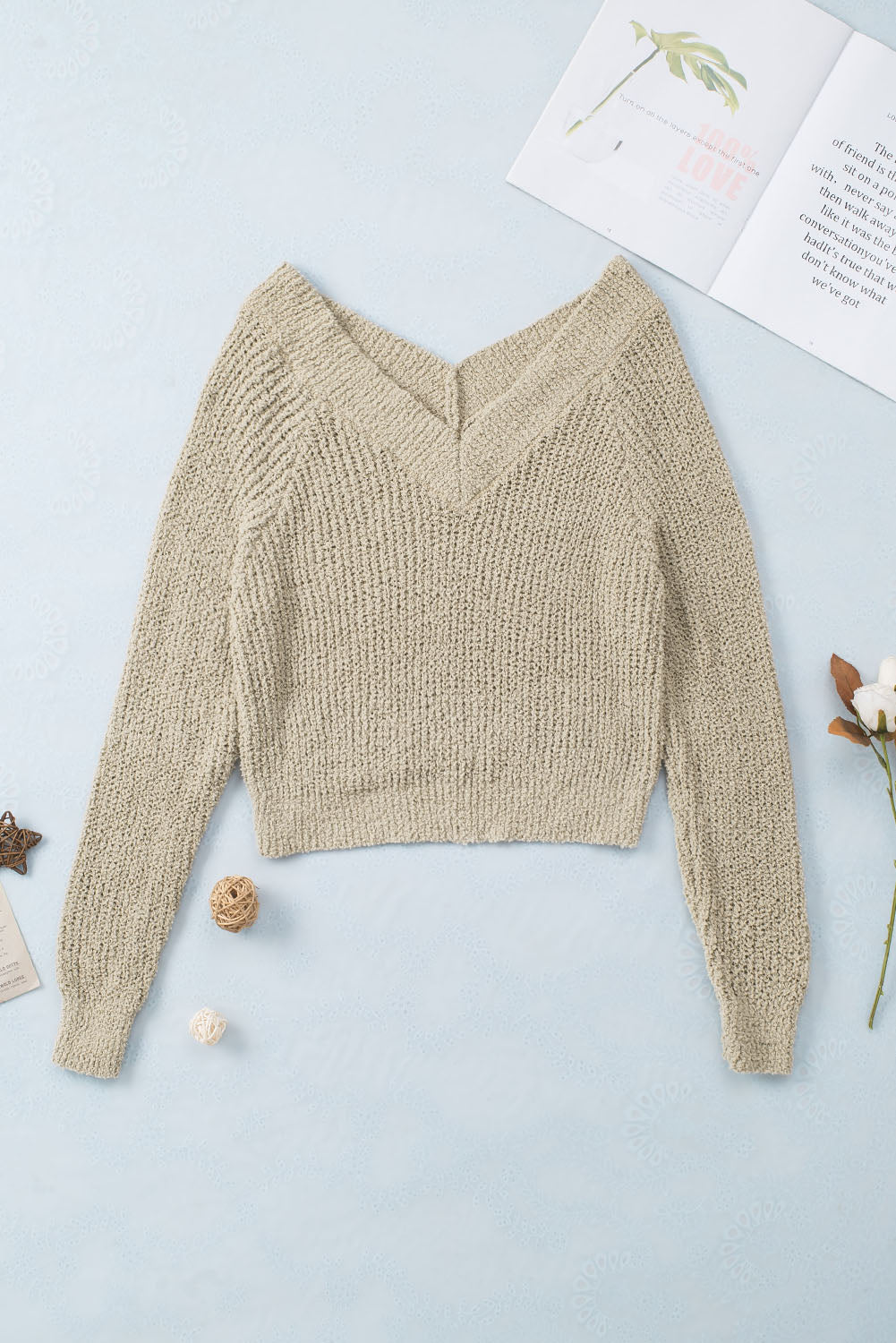 Apricot Cropped V Neck Fuzzy Sweater