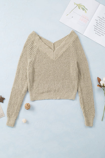 Apricot Cropped V Neck Fuzzy Sweater