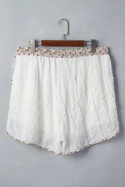 White Textured Lace Detail Floral Star Patch Drawstring Casual Shorts
