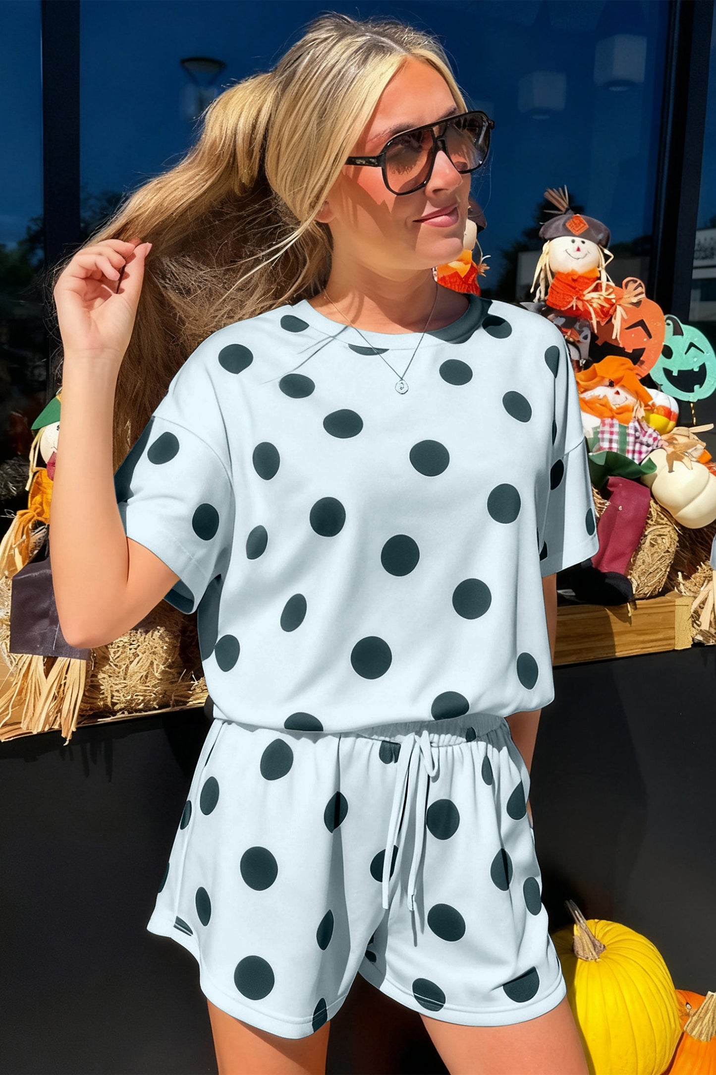 Black Polka Dot Print Loose Tee Drawstring Elastic Waist Short Set
