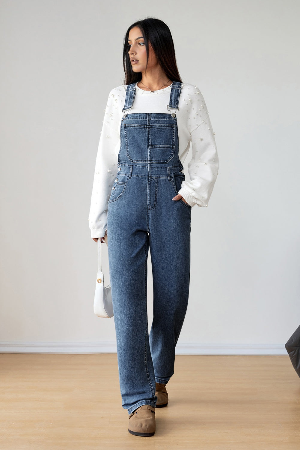 Dark Blue Retro Bib Pocket Buckle Straps Casual Denim Jumpsuit