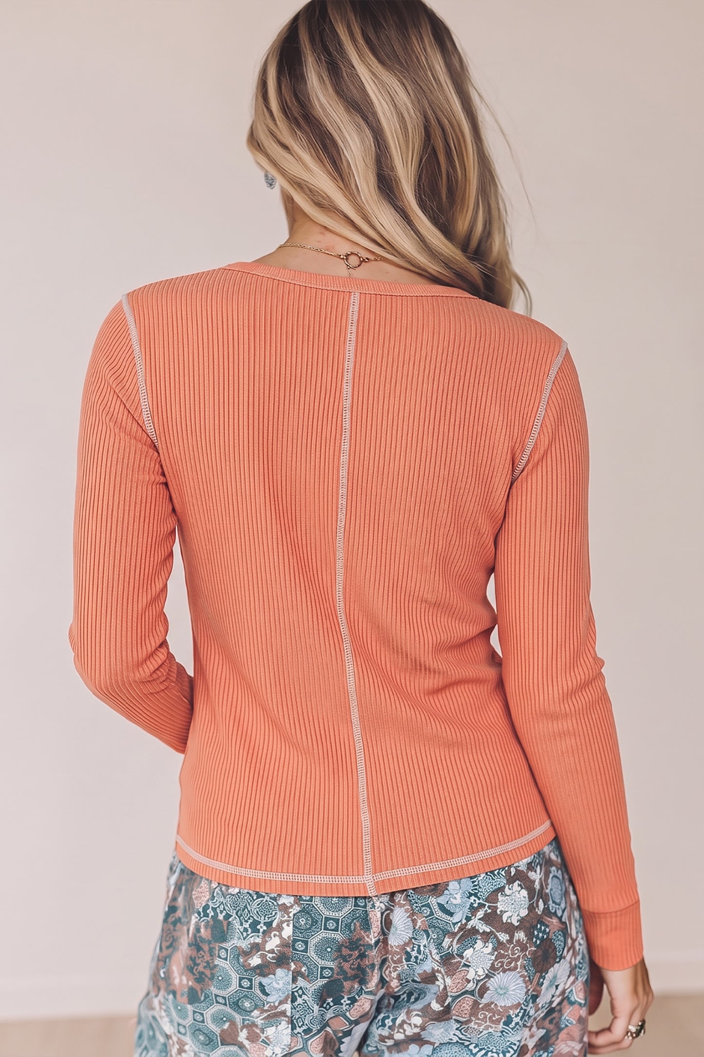 Flamingo V Neck Ribbed Stitched Detail Long Sleeve Top