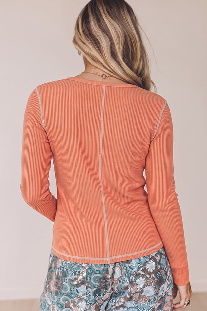 Flamingo V Neck Ribbed Stitched Detail Long Sleeve Top