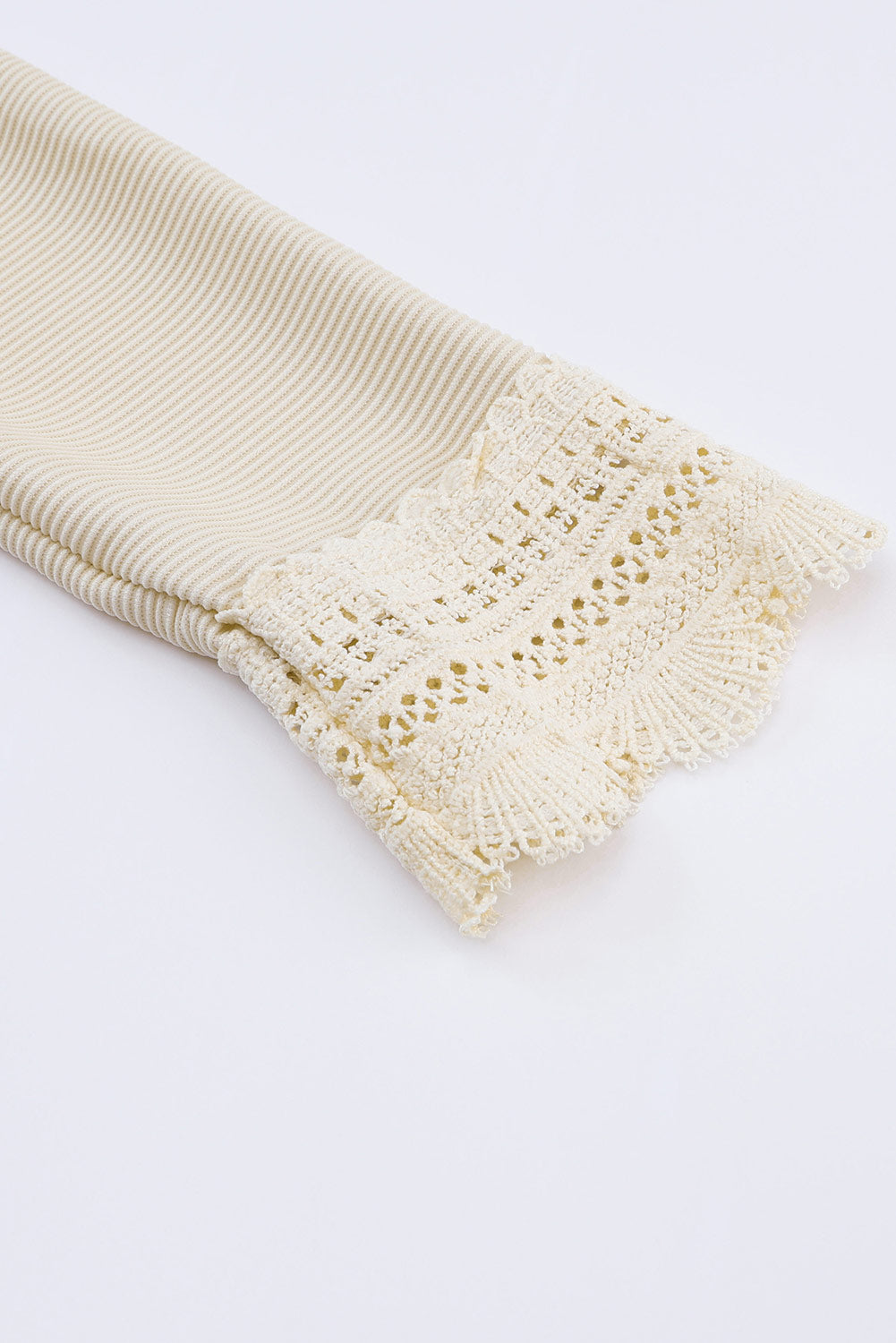 Top de manga larga con cuello en V y ribete de encaje con textura acanalada rosa 