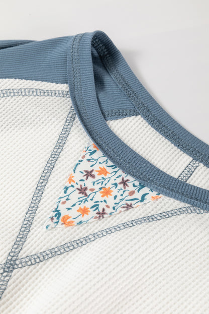 Haut raglan en maille gaufrée à motif patchwork floral blanc