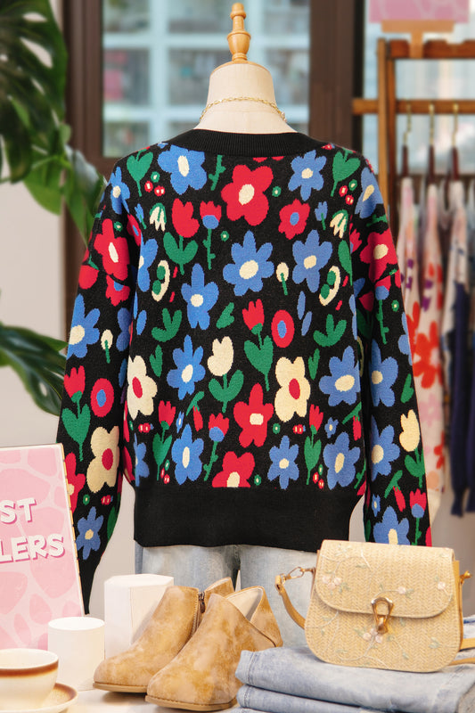 Black Floral Print V Neck Buttoned Short Cardigan Sweater