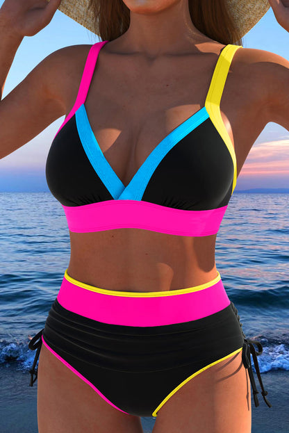 Ensemble bikini taille haute à col en V et cordon de serrage sur le côté
