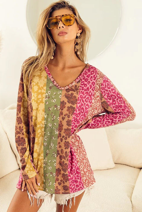 Camiseta de manga larga con cuello en V y estampado mixto de leopardo floral multicolor 