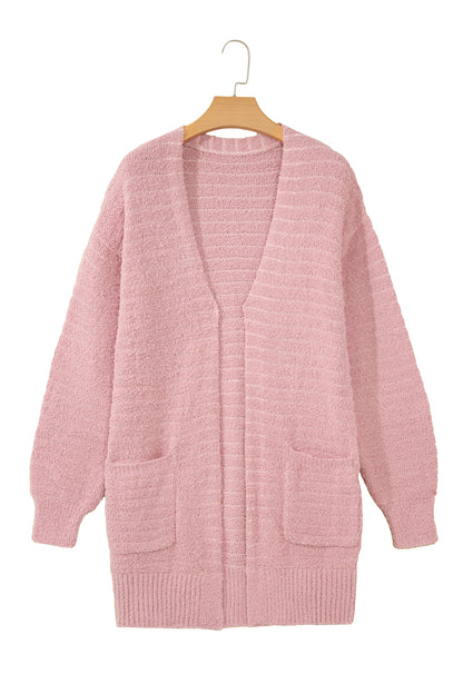 Light Pink Open Front Soft Fuzzy Ribbed Sweater Cardigan