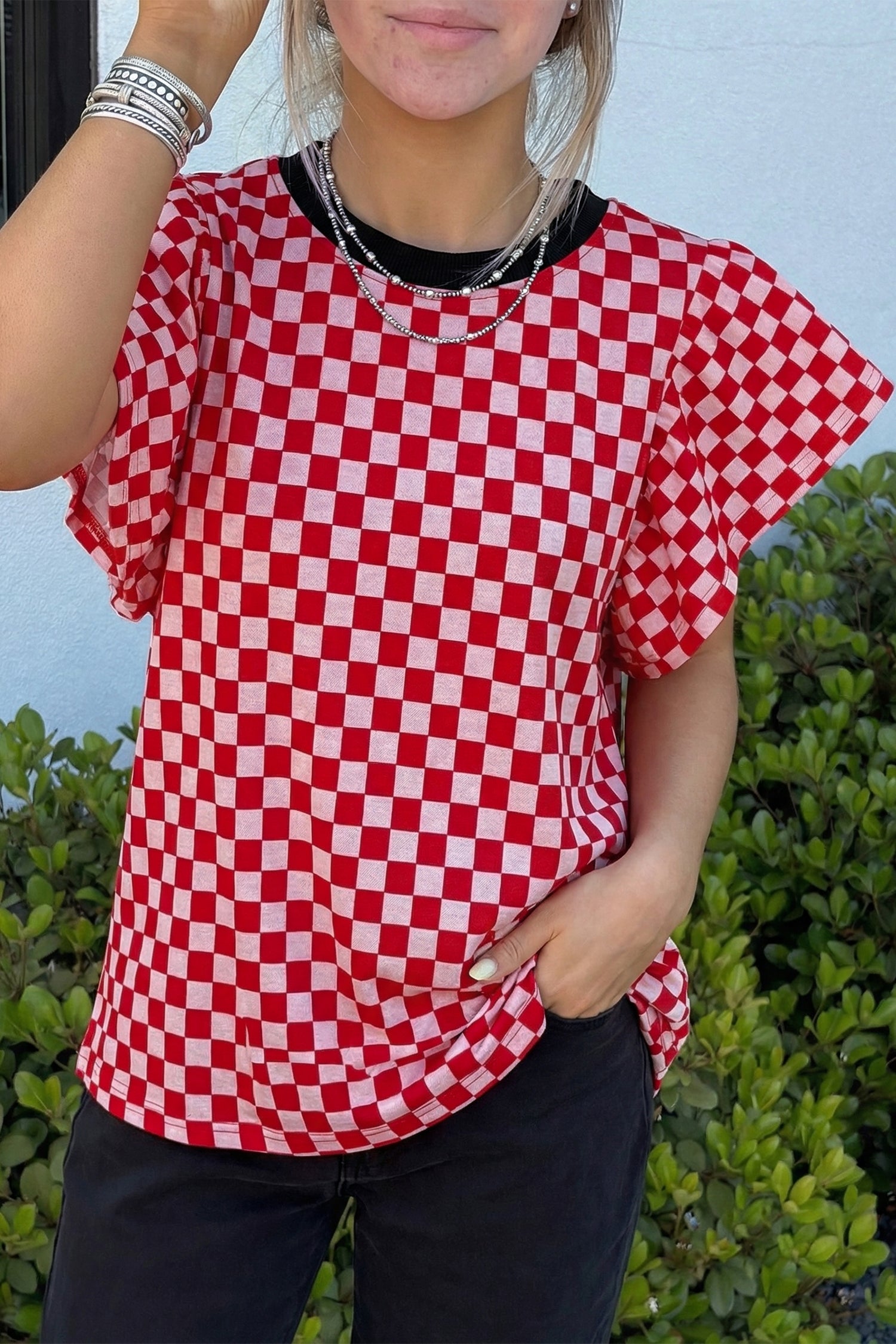 Red Checkered Print Ruffle Short Sleeve Contrast Trim Round Neck Top