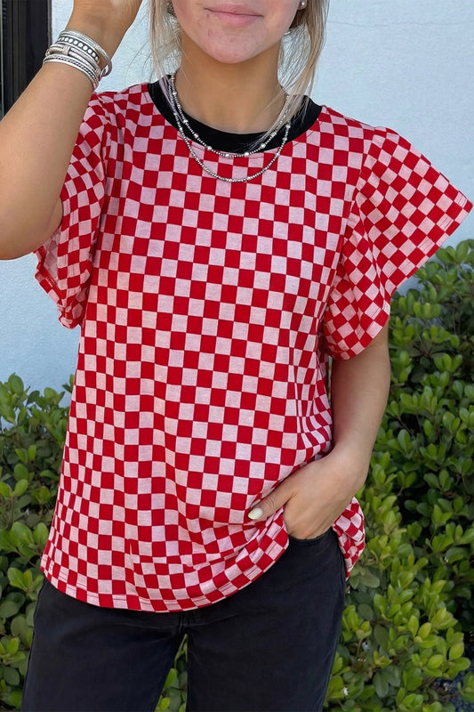 Red Checkered Print Ruffle Short Sleeve Contrast Trim Round Neck Top