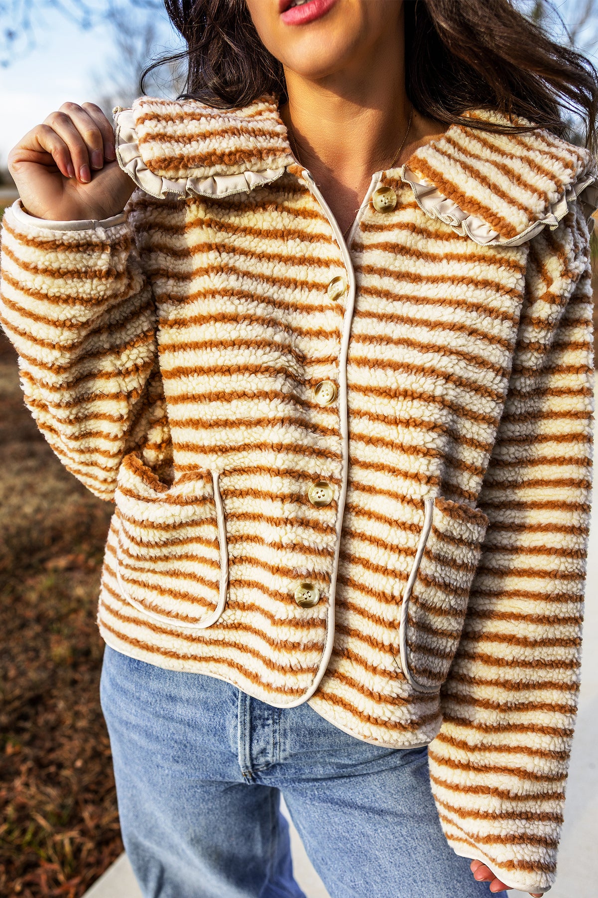 Brown Stripe Striped Fleece Button Front Long Sleeve Regular Fit Jacket