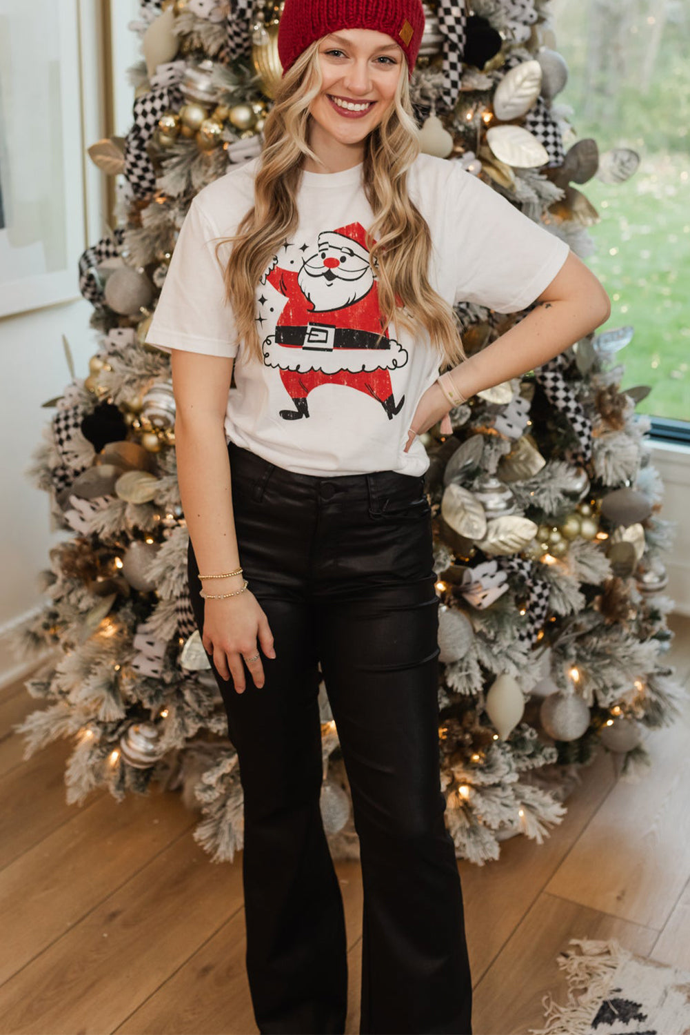 T-shirt décontracté blanc imprimé Père Noël mignon