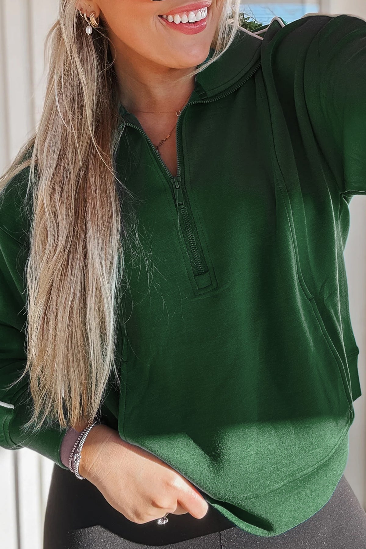 Sea Green High Neck Zip-Up Loose Fit Long Sleeve Sweatshirt