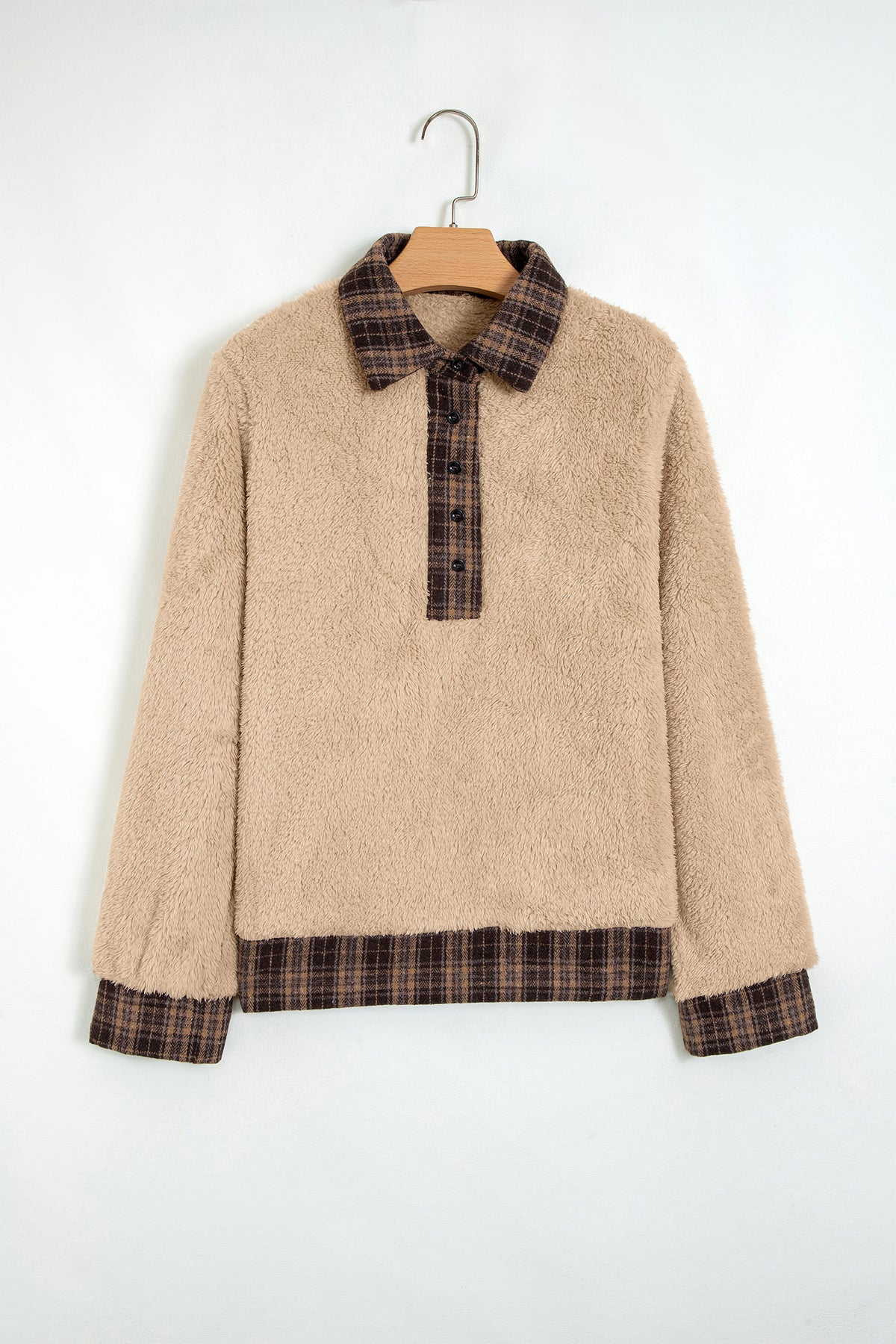 Light French Beige Plaid Collar Button Front Fleece Pullover Sweatshirt