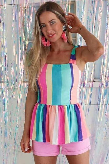 Robe longue à rayures multicolores et bretelles à nœud papillon