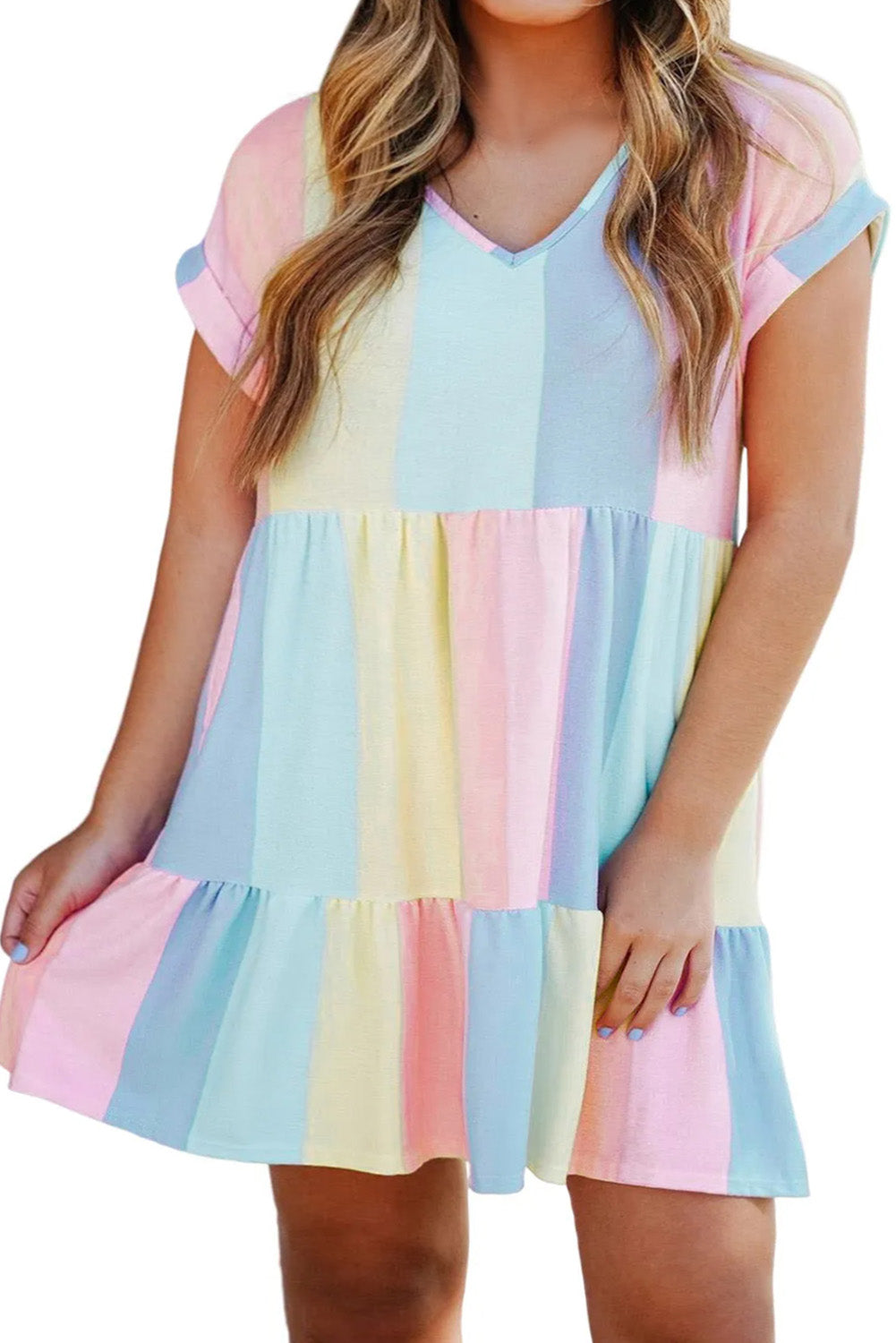 Multicolor Striped Color Block Tiered Mini Dress