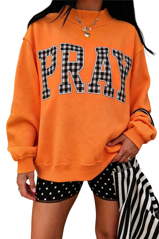 Orange PRAY Plaid Embroidered Mock Neck Sweatshirt