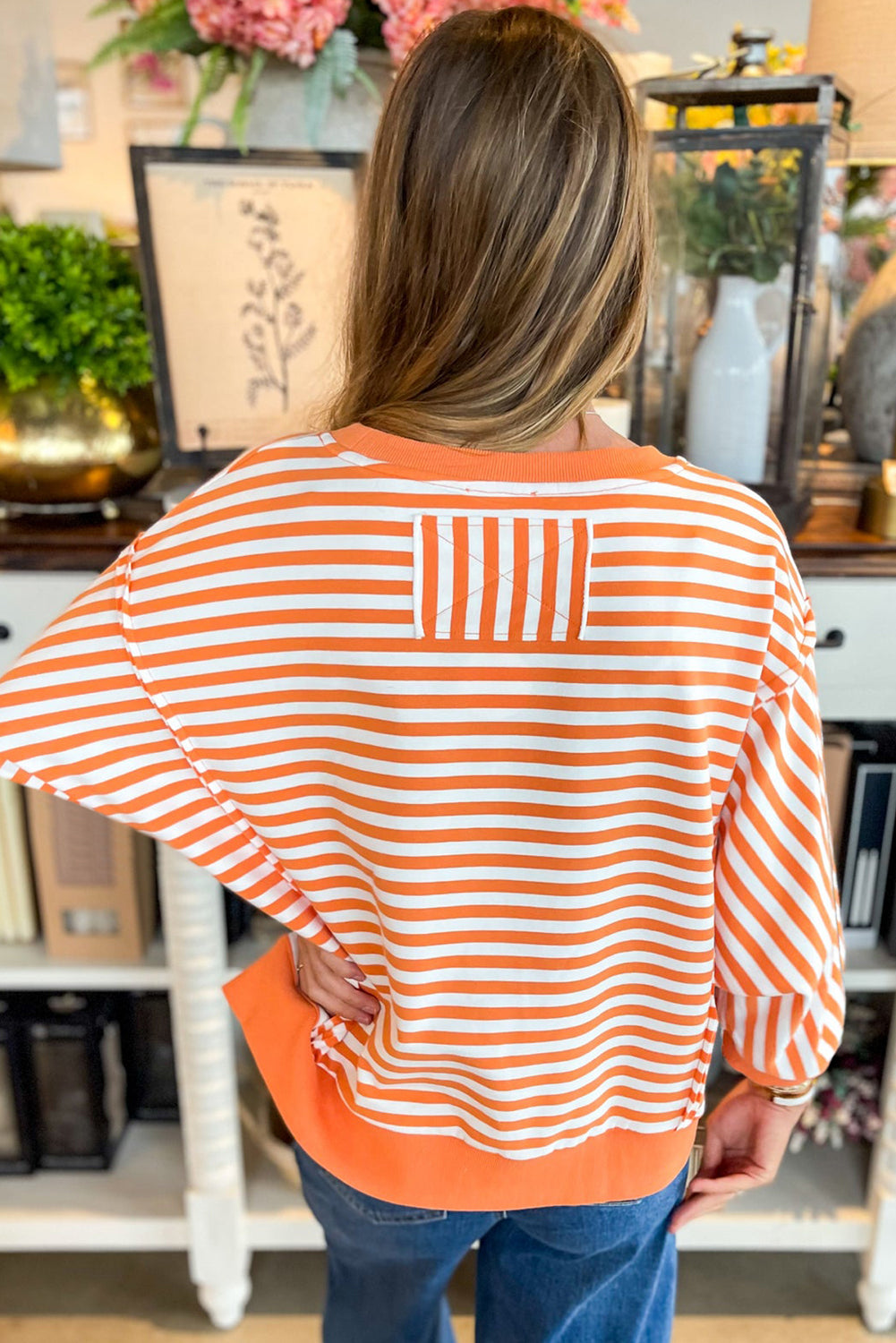 Orange Stripe Exposed Seam Drop Shoulder Casual Pullover Top