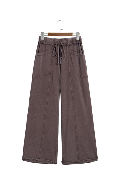 Coffee Mineral Wash Seam Detail Flare Leg Drawstring Pants