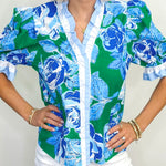 Bright Green Floral Frilled V Neck Short Sleeve Blouse Top