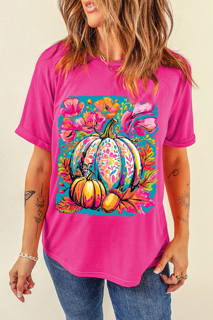 Rose Red Floral Pumpkin Graphic Print Crewneck Relaxed T-Shirt