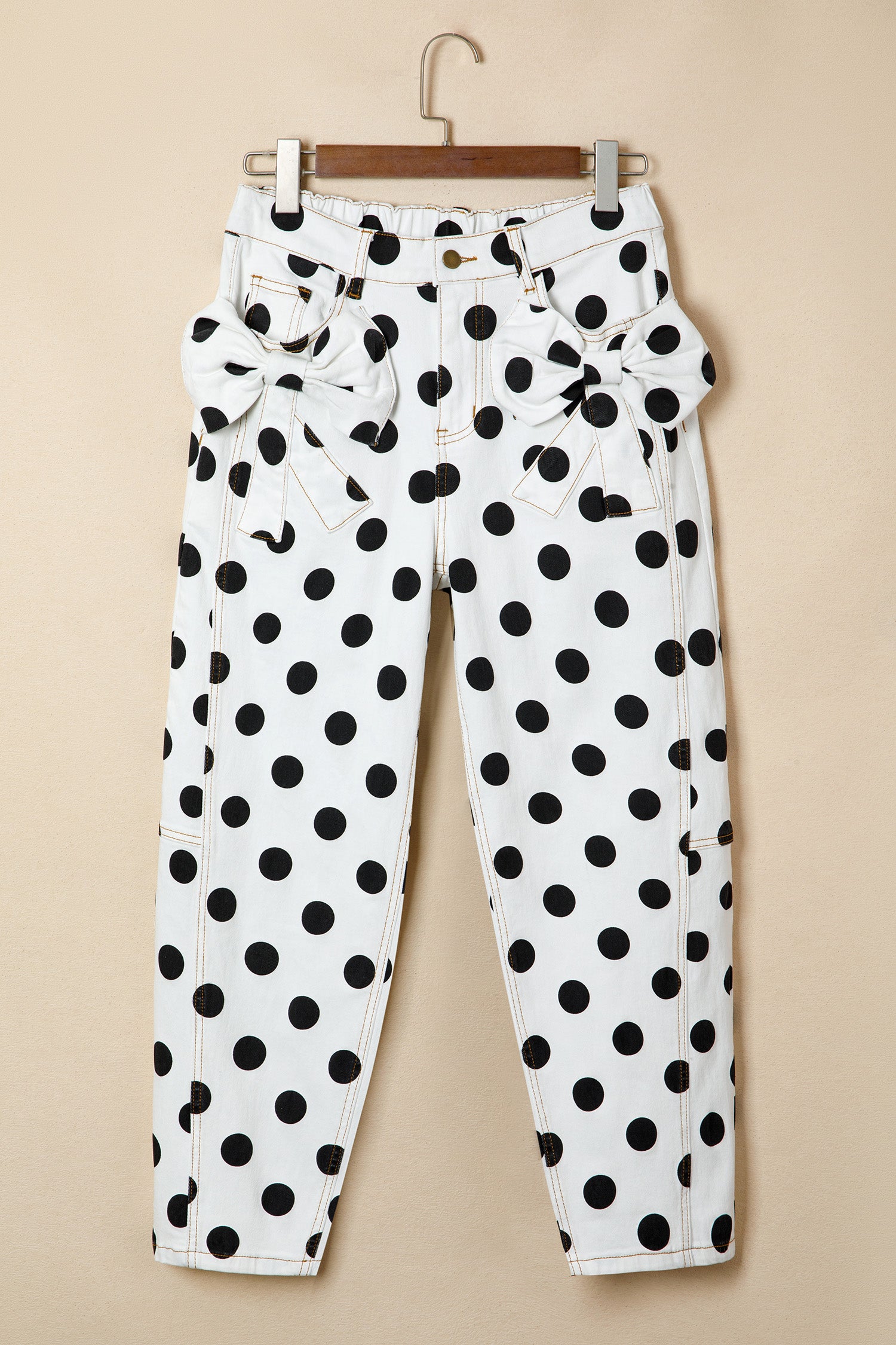 White Polka Dot Print Bow Detail Pocketed Jeans