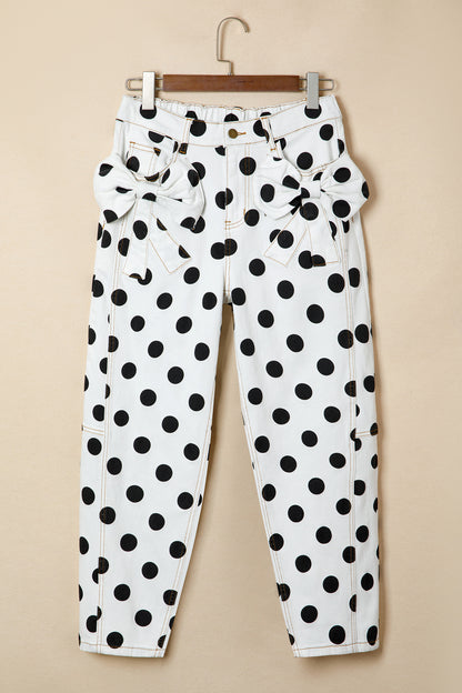 White Polka Dot Print Bow Detail Pocketed Jeans